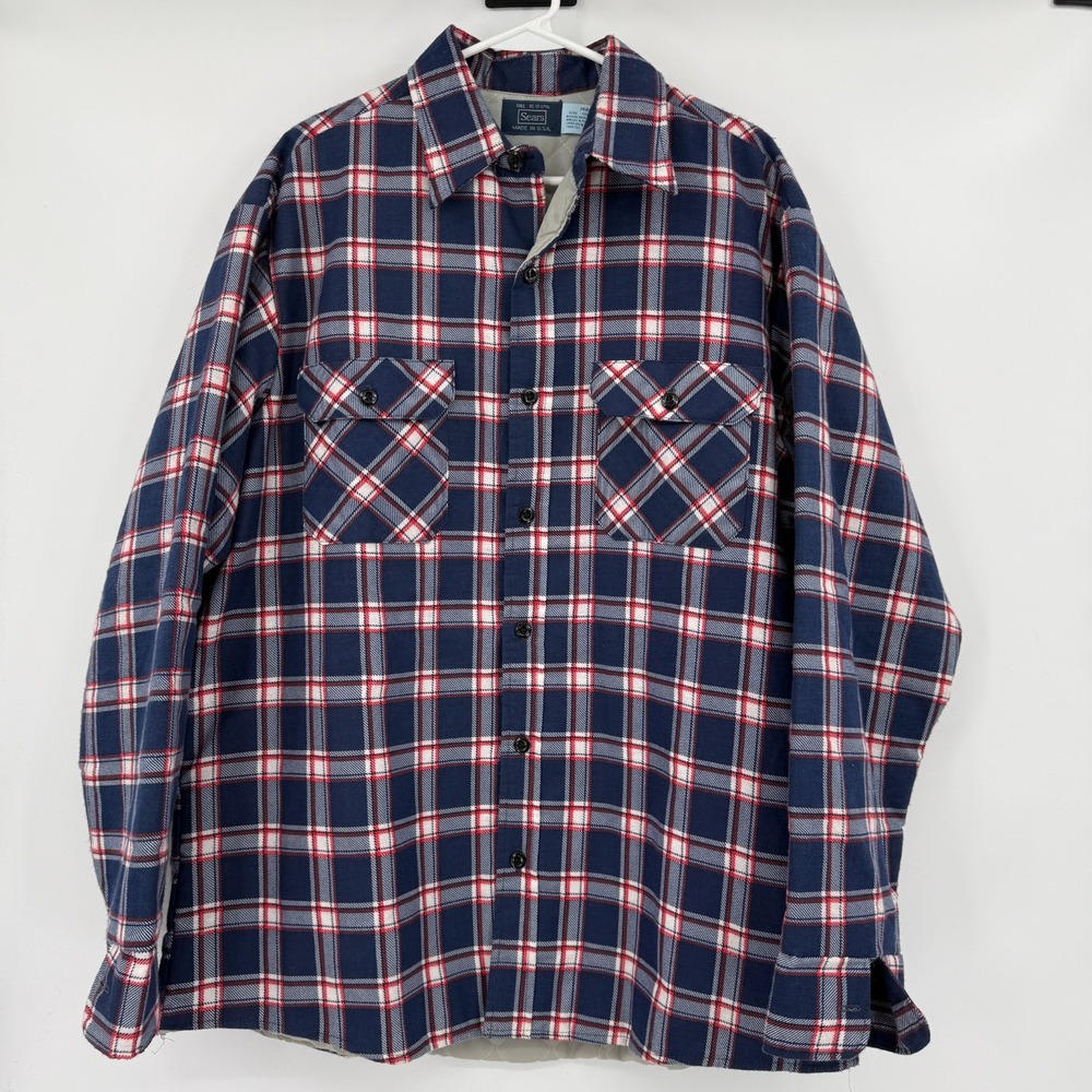 VTG Sears Mens Quilted Flannel Jacket XLT Plaid Workwear Grunge Shacket Skater